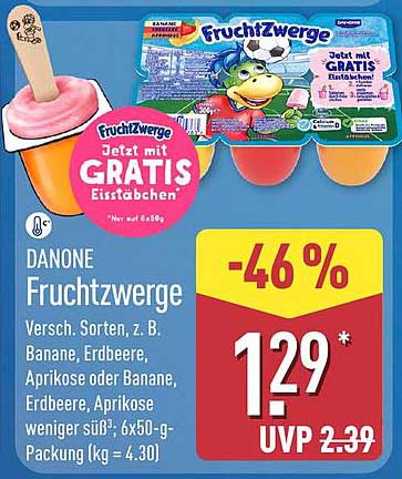 Danone Fruchtzwerge Versch. Sorten, z. B. Banane, Erdbeere, Aprikose oder Banane, Erdbeere, Aprikose weniger süß; 6x50-g-Packung (kg = 4.30)