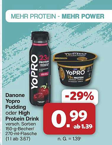 Danone Yopro Pudding oder High Protein Drink versch. Sorten 150-g-Becher/270-ml-Flasche (1 l ab 3.67)