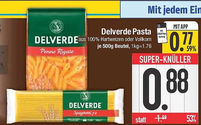 Delverde Pasta aus 100% Hartweizen oder Vollkorn je 500g Beutel, 1kg=1.76