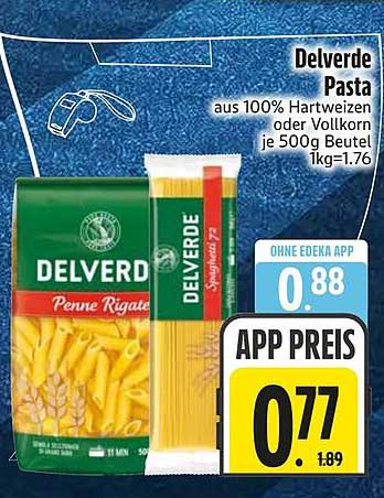 Delverde Pasta aus 100% Hartweizen oder Vollkorn je 500g Beutel 1kg=1.76