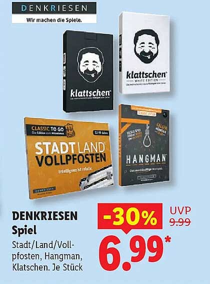 DENKRIESEN Spiel Stadt/Land/Vollpfosten, Hangman, Klatschen. Je Stück