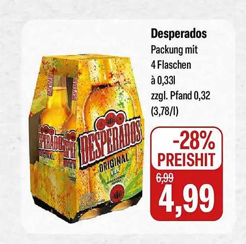 Desperados Packung mit 4 Flaschen à 0,33 l zzgl. Pfand 0,32 (3,78/l)