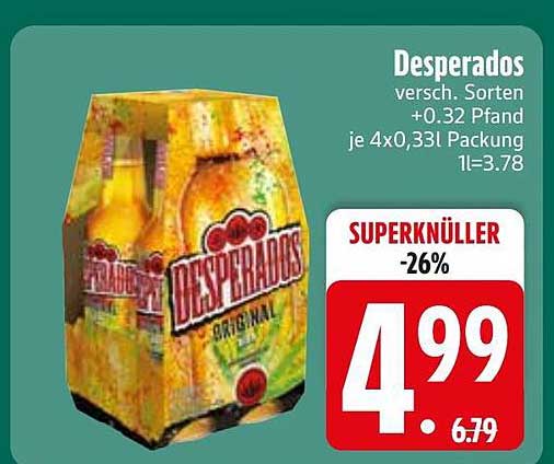 Desperados versch. Sorten +0.32 Pfand je 4x0,33l Packung 1l=3.78
