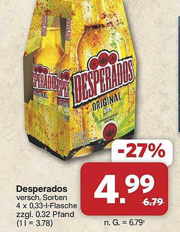 Desperados versch. Sorten 4 x 0,33-l-Flasche zzgl. 0.32 Pfand (1l = 3.78)