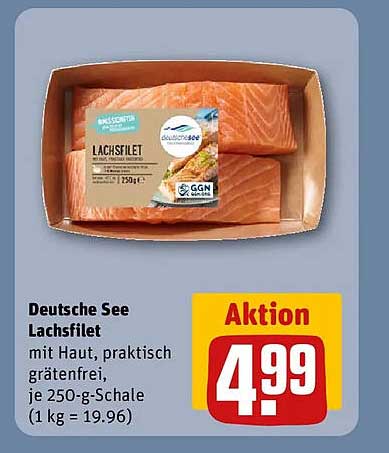 Deutsche See Lachsfilet mit Haut, praktisch grätenfrei, je 250-g-Schale (1 kg = 19.96)