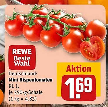 Deutschland: Mini Rispentomaten Kl. I, je 350-g-Schale (1 kg = 4.83)