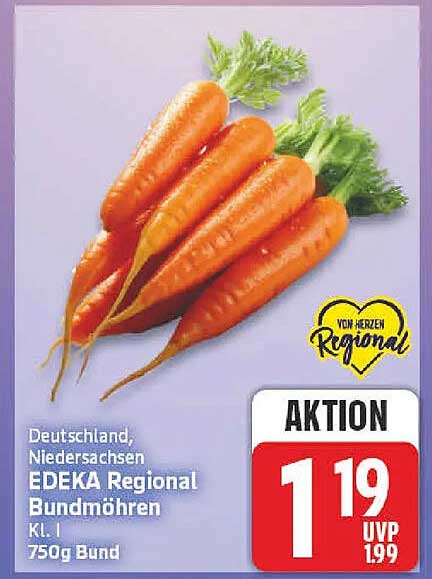 Deutschland, Niedersachsen EDEKA Regional Bundmöhren Kl. I 750g Bund