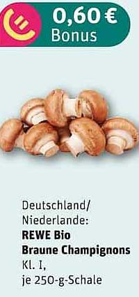 Deutschland/Niederlande: REWE Bio Braune Champignons Kl. I je 250-g-Schale