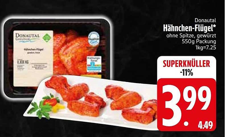 Donautal Hähnchen-Flügel* ohne Spitze, gewürzt 550g Packung 1kg=7.25