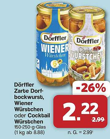 Dörffler Zarte Dorf-bockwurst, Wiener Würstchen oder Cocktail Würstchen 150-250-g-Glas (1 kg ab 8.88)