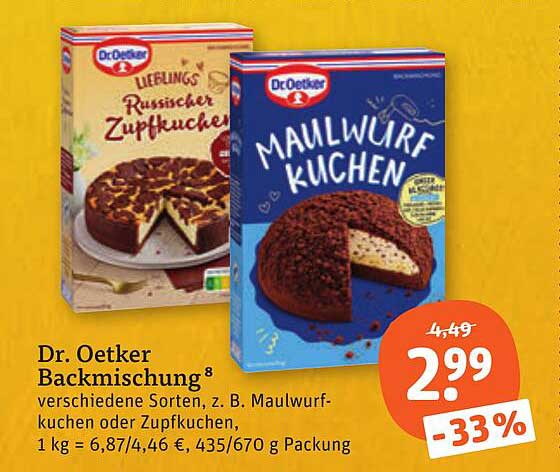 Dr. Oetker Backmischung⁸ verschiedene Sorten, z. B. Maulwurfkuchen oder Zupfkuchen, 1 kg = 6,87/4,46 €, 435/670 g Packung