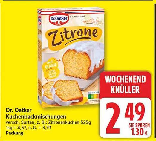 Dr. Oetker Kuchenbackmischungen versch. Sorten, z. B.: Zitronenkuchen 525g 1kg = 4,57, n. G. = 3,79 Packung