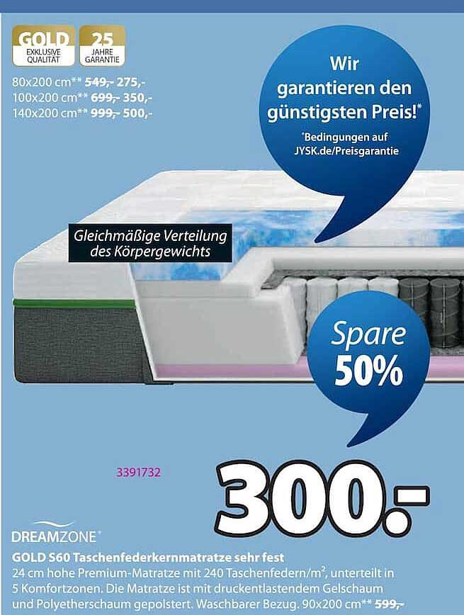 DREAMZONE GOLD S60 Taschenfederkernmatratze sehr fest