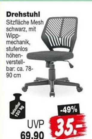 Drehstuhl Sitzfläche Mesh schwarz, mit Wippmechanik, stufenlos höhenverstellbar: ca. 78-90 cm