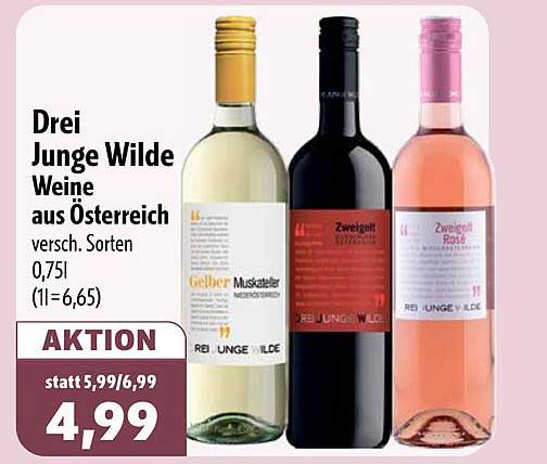 Drei Junge Wilde Weine aus Österreich versch. Sorten 0,75l (1l=6,65)