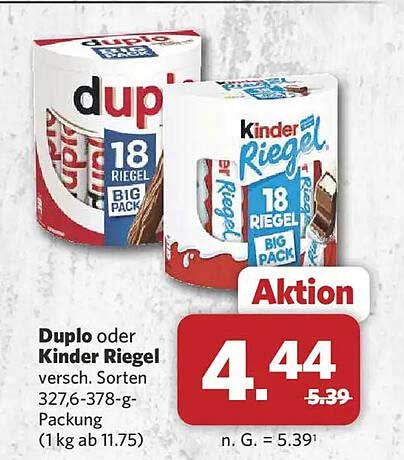 Duplo oder Kinder Riegel versch. Sorten 327,6-378-g-Packung (1 kg ab 11.75)