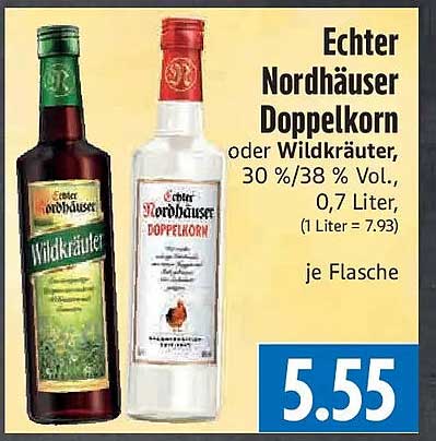 Echter Nordhäuser Doppelkorn oder Wildkräuter, 30 %/38 % Vol., 0,7 Liter. (1 Liter = 7.93) je Flasche