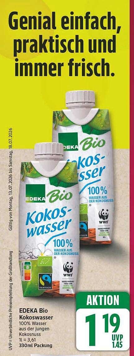 EDEKA Bio Kokoswasser 100% Wasser aus der jungen Kokosnuss 1 l = 3,61 330ml Packung