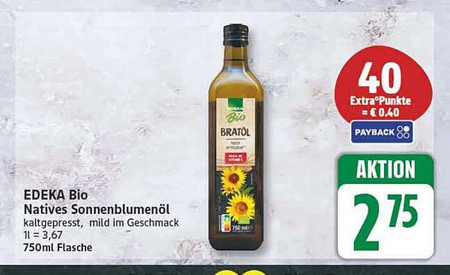 EDEKA Bio Natives Sonnenblumenöl kaltgepresst, mild im Geschmack 1 l = 3,67 750ml Flasche
