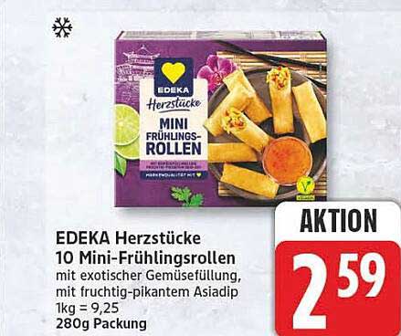EDEKA Herzstücke 10 Mini-Frühlingsrollen mit exotischer Gemüsefüllung, mit fruchtig-pikantem Asiadip 1kg = 9,25 280g Packung
