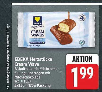 EDEKA Herzstücke Cream Wave Biskuitrolle mit Milchcremefüllung, überzogen mit Milchschokolade 1kg = 11,37 5x35g = 175g Packung