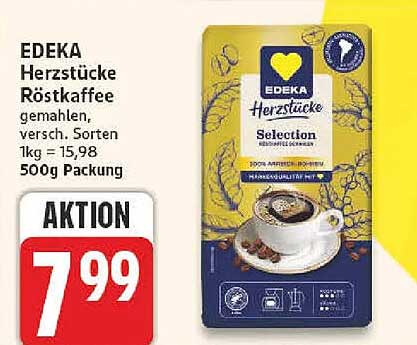 EDEKA Herzstücke Röstkaffee gemahlen, versch. Sorten 1kg = 15,98 500g Packung