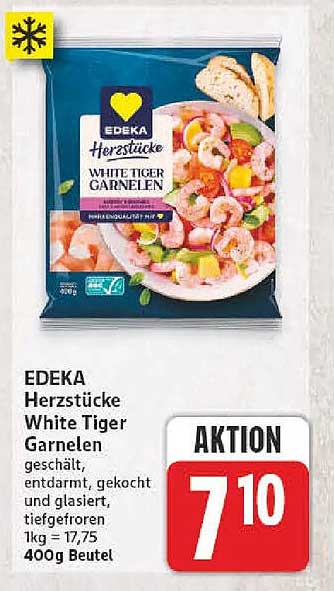 EDEKA Herzstücke White Tiger Garnelen geschält, entdarmt, gekocht und glasiert, tiefgefroren 1kg = 17,75 400g Beutel