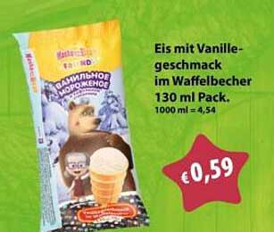 Eis mit Vanillegeschmack im Waffelbecher 130 ml Pack. 1000 ml = 4,54