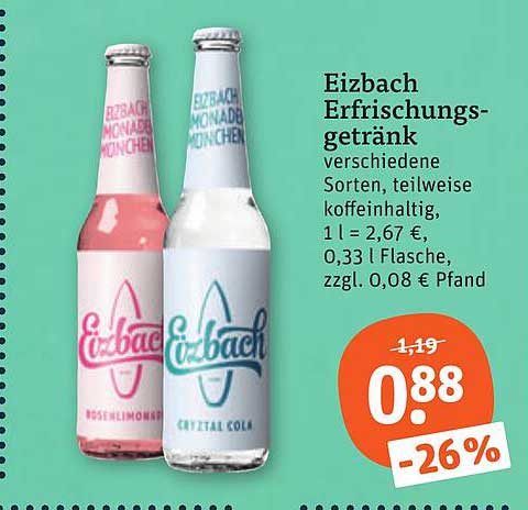 Eizbach Erfrischungsgetränk verschiedene Sorten, teilweise koffeinhaltig, 1 l = 2,67 €, 0,33 l Flasche, zzgl. 0,08 € Pfand