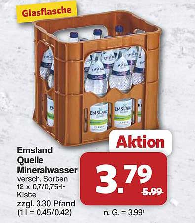 Emsland Quelle Mineralwasser versch. Sorten 12 x 0,7/0,75-l-Kiste zzgl. 3.30 Pfand (1 l = 0.45/0.42)