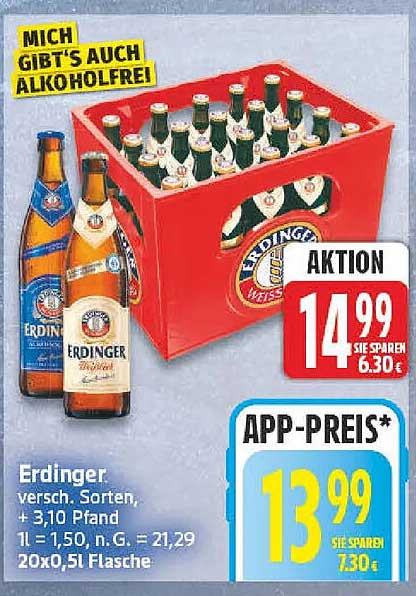 Erdinger versch. Sorten, + 3,10 Pfand, 1l = 1,50, n.G. = 21,29, 20x0,5l Flasche