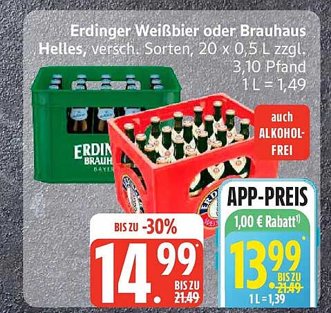 Erdinger Weißbier oder Brauhaus Helles, versch. Sorten, 20 x 0,5 L zzgl. 3,10 Pfand
