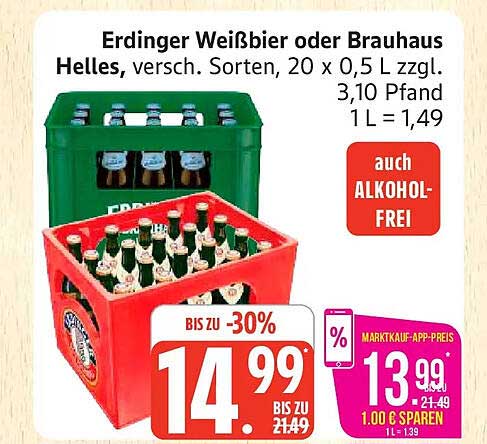 Erdinger Weißbier oder Brauhaus Helles, versch. Sorten, 20 x 0,5 L zzgl. 3,10 Pfand