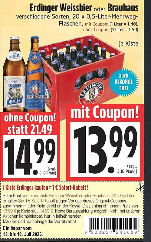 Erdinger Weissbier oder Brauhaus verschiedene Sorten, 20 x 0,5-Liter-Mehrweg-Flaschen, mit Coupon: (1 Liter = 1.40), ohne Coupon: (1 Liter = 1.50)