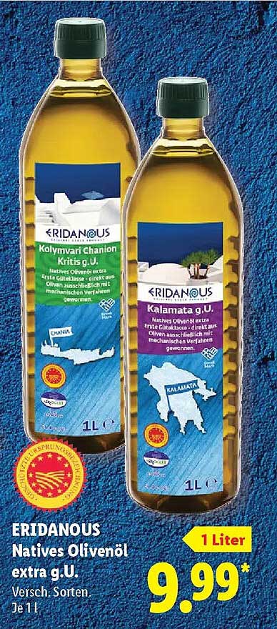 ERIDANOUS Natives Olivenöl extra g.U. Versch. Sorten. Je 1 l