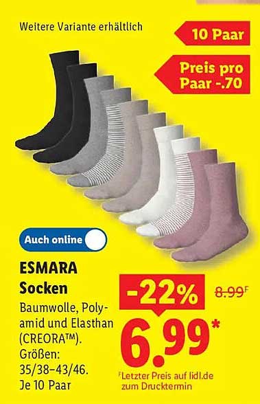 ESMARA Socken Baumwolle, Polyamid und Elasthan (CREORA™). Größen: 35/38-43/46. Je 10 Paar