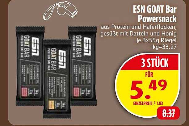 ESN GOAT Bar Powersnack aus Protein und Haferflocken, gesüßt mit Datteln und Honig je 3x55g Riegel 1kg=33.27