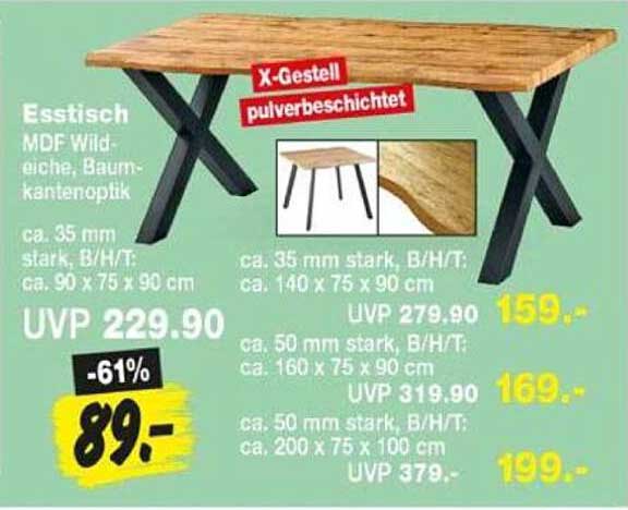 Esstisch MDF Wild-Eiche, Baumkantenoptik, X-Gestell pulverbeschichtet