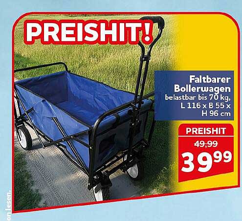 Faltbarer Bollerwagen belastbar bis 70 kg, L 116 x B 55 x H 96 cm