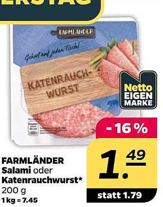 FARMLÄNDER Salami oder Katenrauchwurst* 200 g 1kg = 7.45