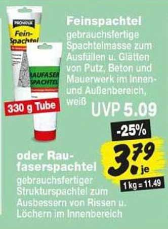 Feinspachtel gebrauchsfertige Spachtelmasse zum Ausfüllen u. Glätten von Putz, Beton und Mauerwerk im Innen- und Außenbereich, weiß oder Raufaserspachtel gebrauchsfertiger Strukturspachtel zum Ausbessern von Rissen u. Löchern im Innenbereich