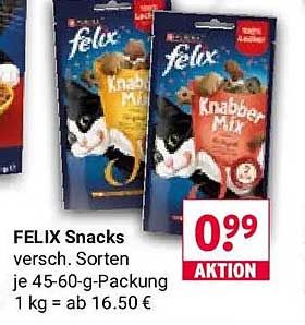 FELIX Snacks versch. Sorten je 45-60-g-Packung 1 kg = ab 16.50 €