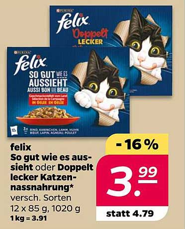 felix So gut wie es aussieht oder Doppelt lecker Katzennassnahrung* versch. Sorten 12 x 85 g, 1020 g 1 kg = 3.91