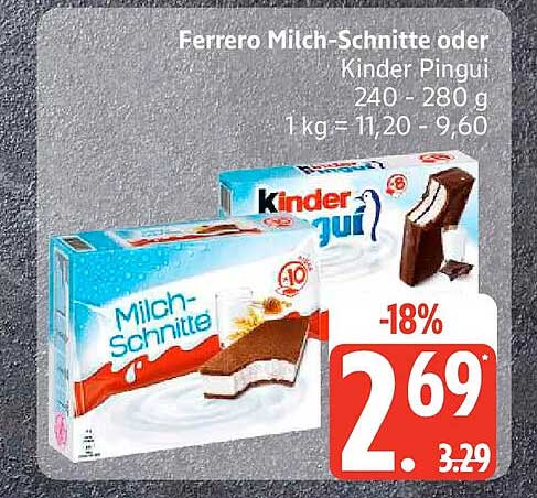 Ferrero Milch-Schnitte oder Kinder Pingui 240 - 280 g 1 kg = 11,20 - 9,60