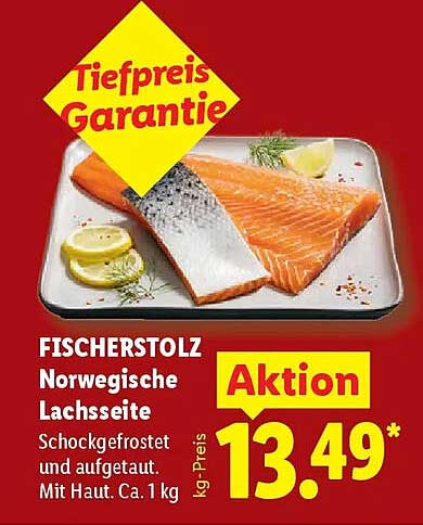 FISCHERSTOLZ Norwegische Lachsseite Schockgefroren und aufgetaut. Mit Haut. Ca. 1 kg