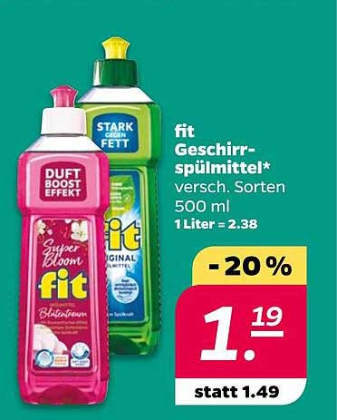 fit Geschirr-spülmittel* versch. Sorten 500 ml 1 Liter = 2.38