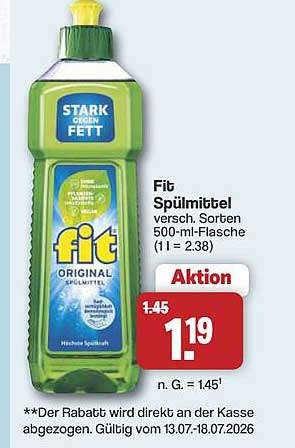 Fit Spülmittel versch. Sorten 500-ml-Flasche (1 l = 2.38)