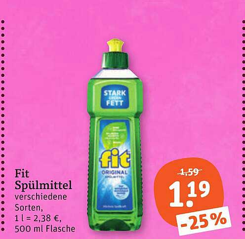 Fit Spülmittel verschiedene Sorten, 1 l = 2,38 €, 500 ml Flasche