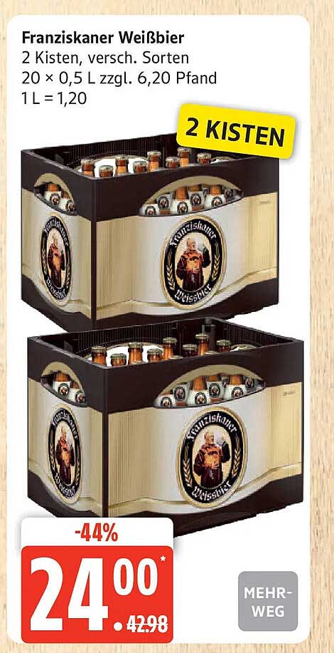 Franziskaner Weißbier 2 Kisten, versch. Sorten 20 x 0,5 L zzgl. 6,20 Pfand 1 L = 1,20