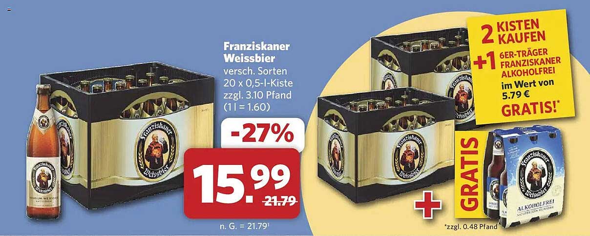 Franziskaner Weissbier versch. Sorten 20 x 0,5-l-Kiste zzgl. 3.10 Pfand (1 l = 1.60)